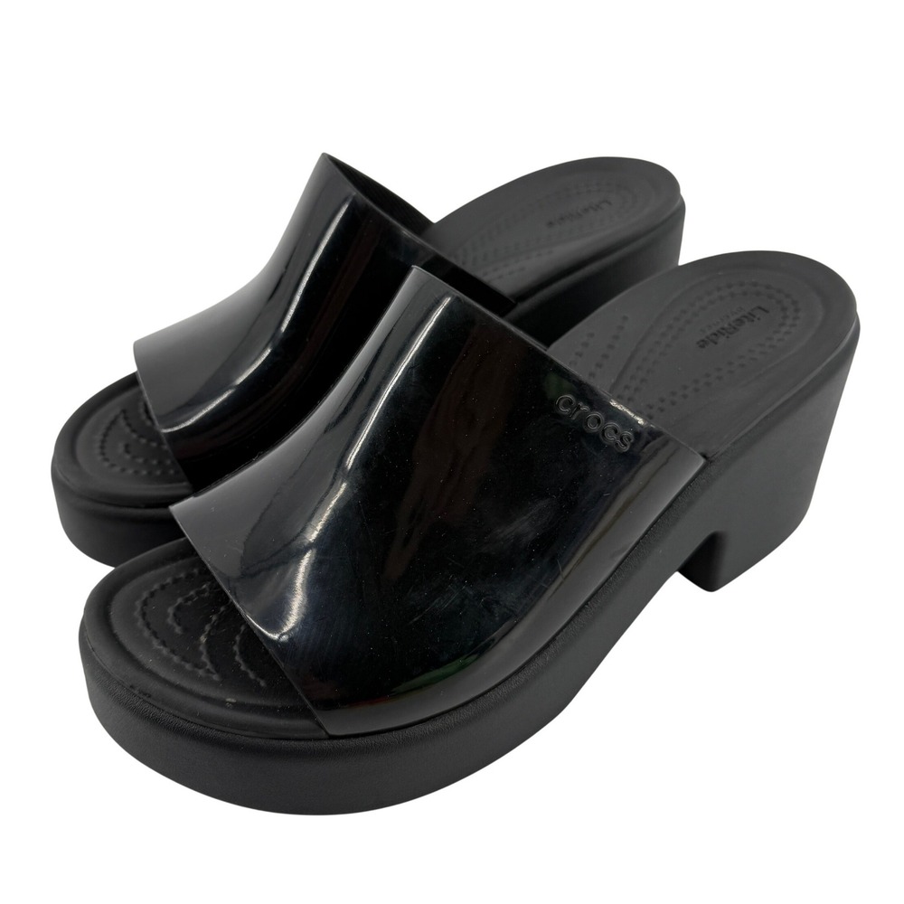 Crocs Brooklyn Slide Block High Shine Heel Sandals Black Women 7 Chunky Y2K